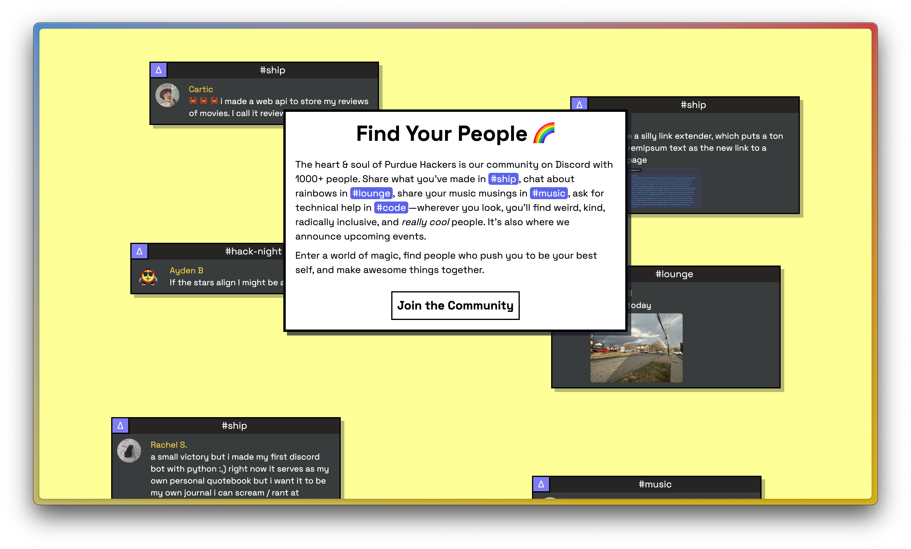 screenshot of a website with a bright yellow background, discord messages scattered throughout, and a card with text describing the community