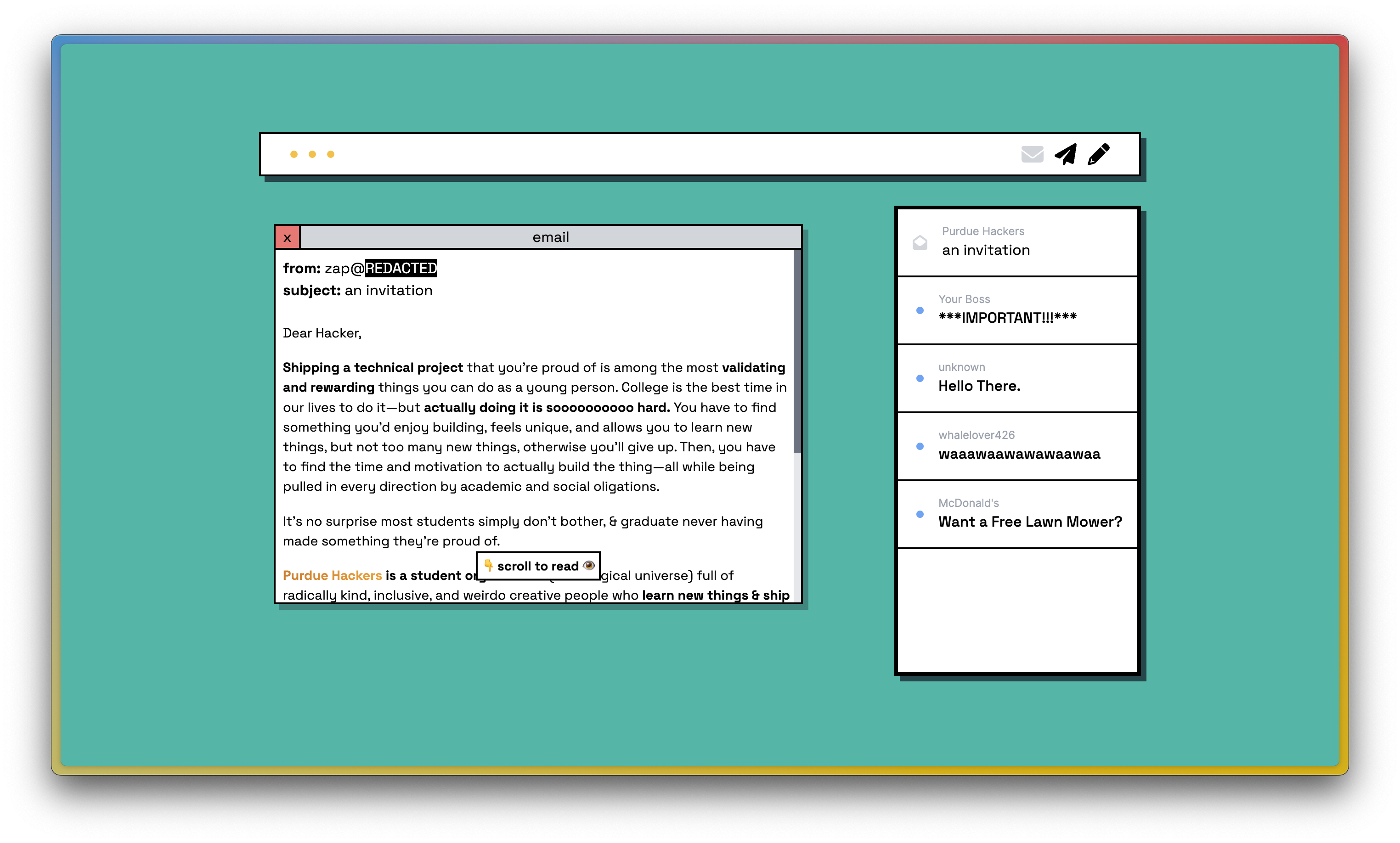 screenshot of a website with a teal, windows 95-esque background, and a window containing an "email"