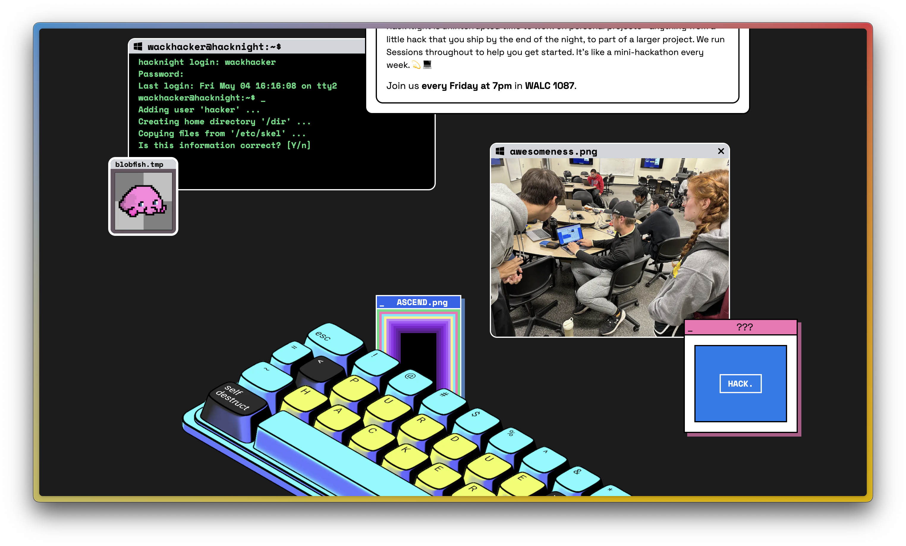 screenshot of a website with a dark gray background and lots of random windows scattered throughout, including a terminal-styled window, an image of a hack night event, and an image of a 3d neon keyboard