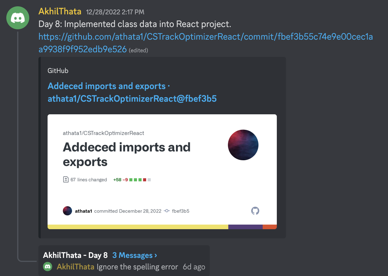 A message on Discord by user AkilTheta sharing an update about a React app called CS Track Optimizer