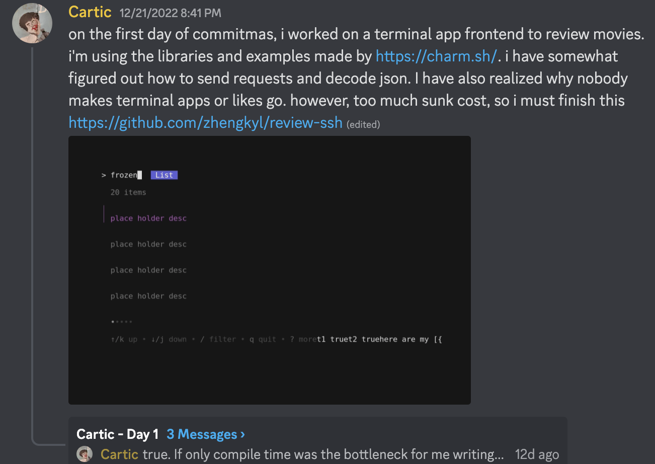 A message in Discord by user Cartic sharing an update and a GIF of their SSH app for reviewing movies