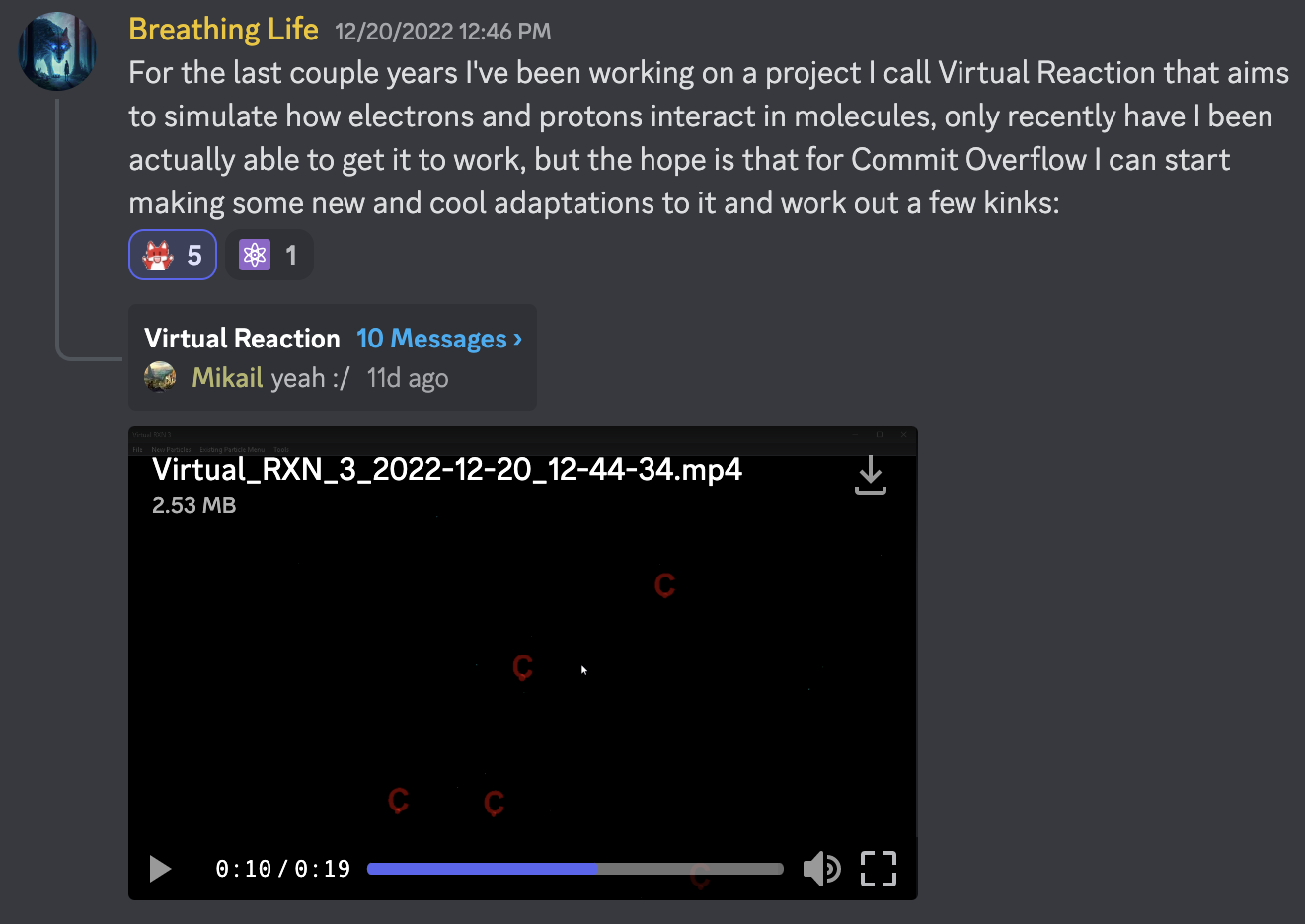 A message on Discord by user Breathing Life sharing their intention to work on a program that simulates how electrons and protons interact in molecules