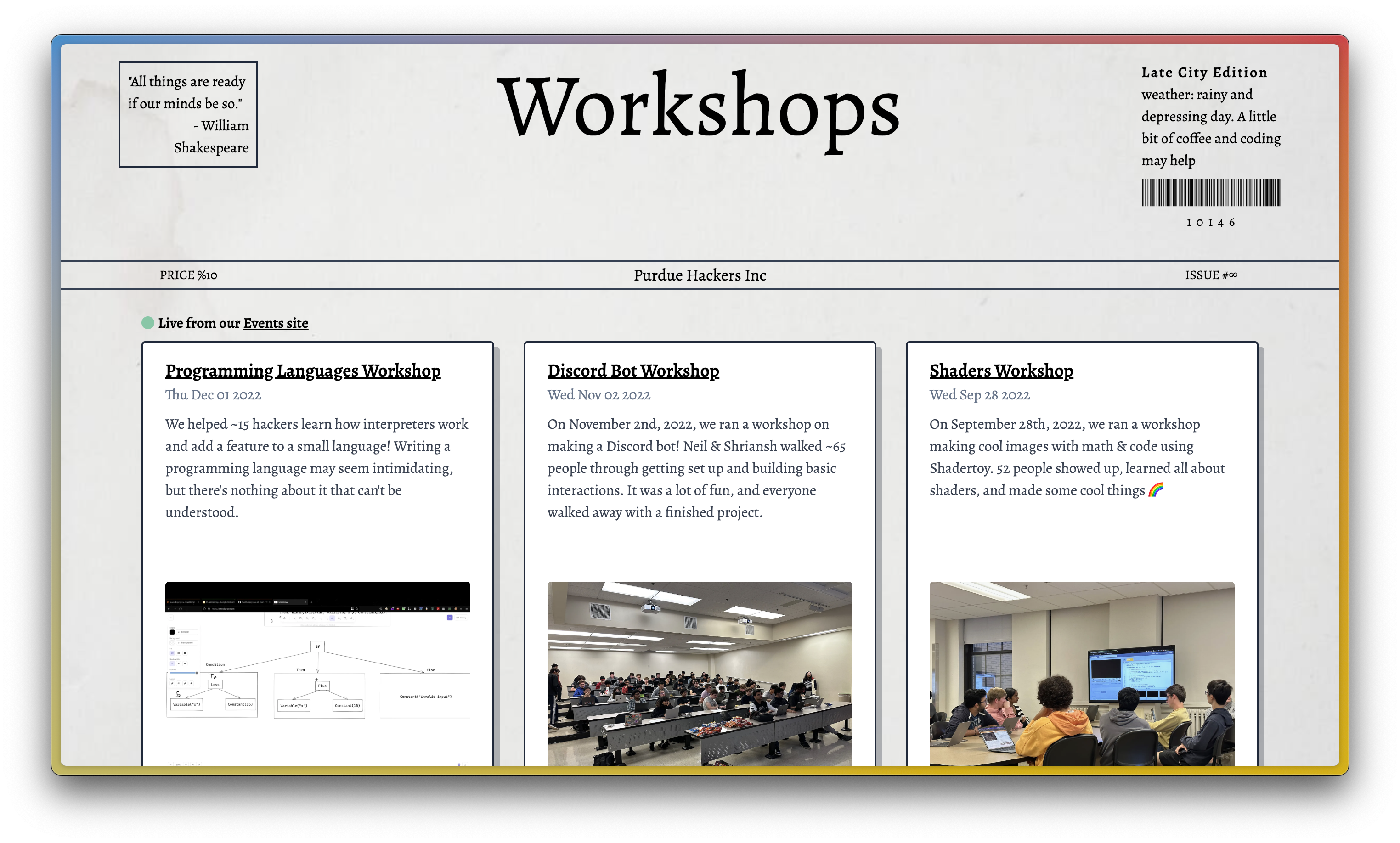 screenshot of a website that is styled to resemble a newspaper. from the middle to the bottom, three cards describing past workshops