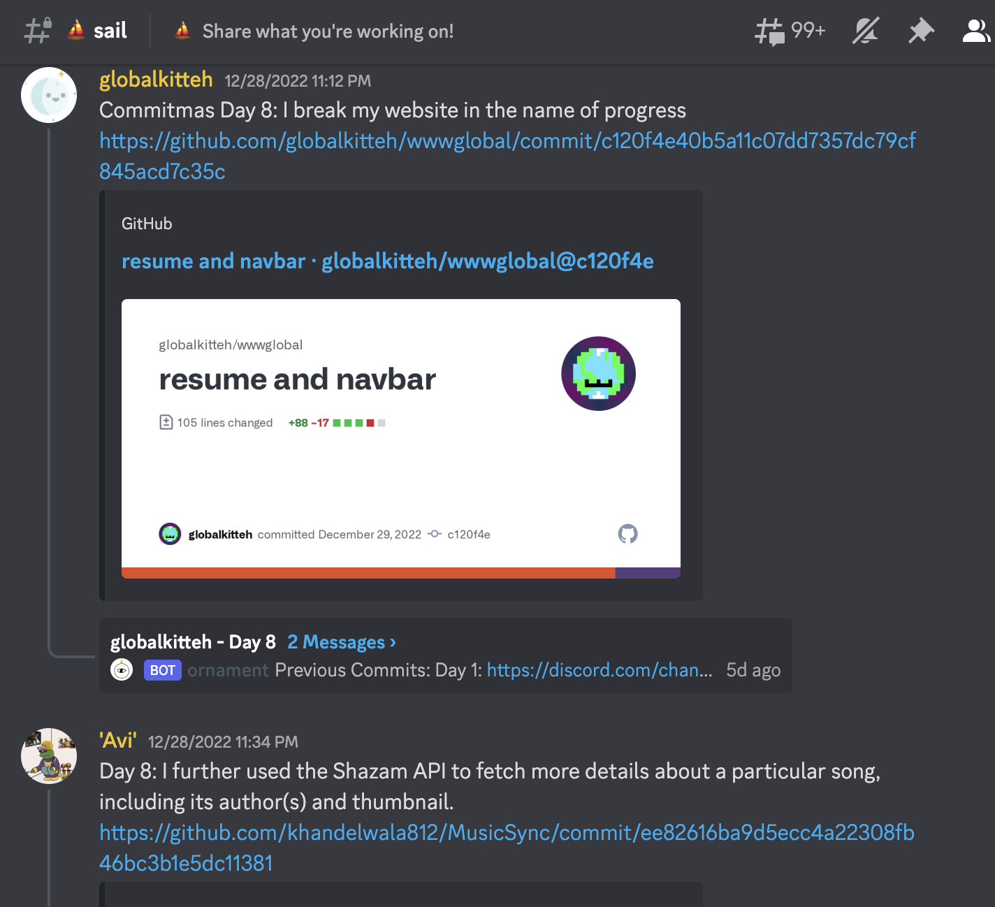 A series of messages on Discord in the #sail channel in which people are sharing updates on what they're working on during day 8