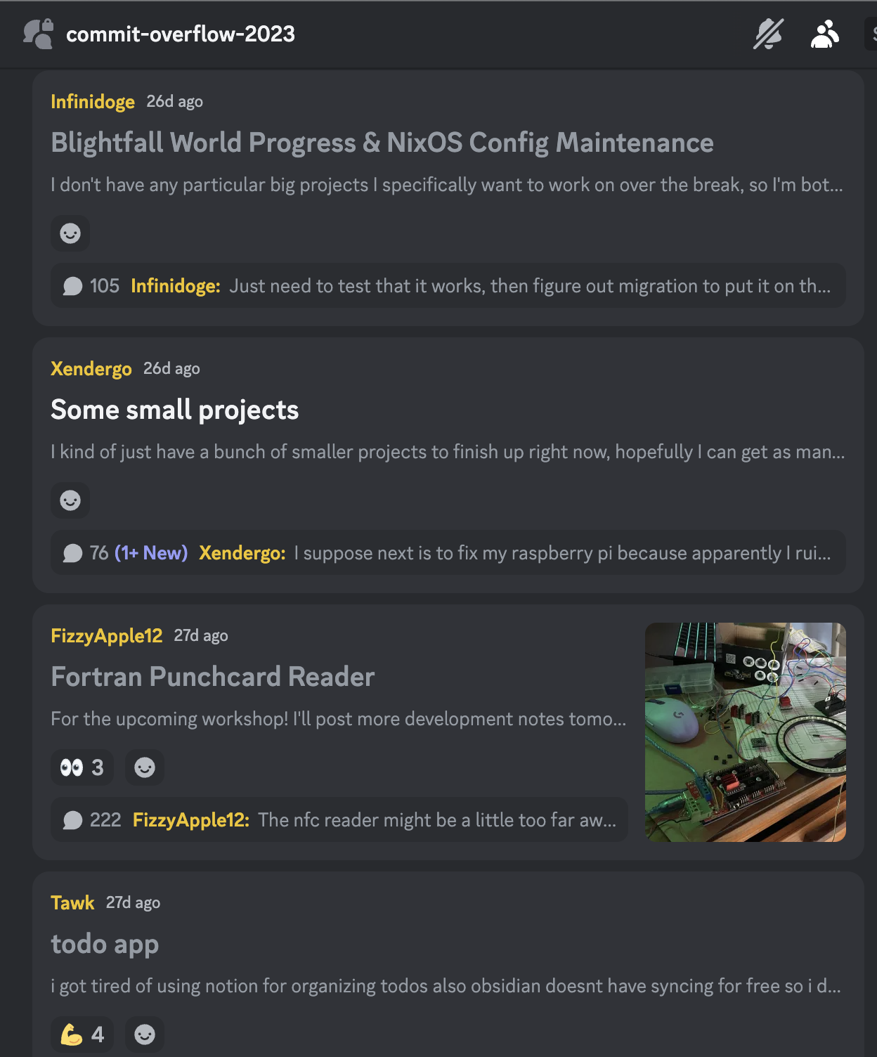 Some project threads in the new #commit-overflow-2023 channel