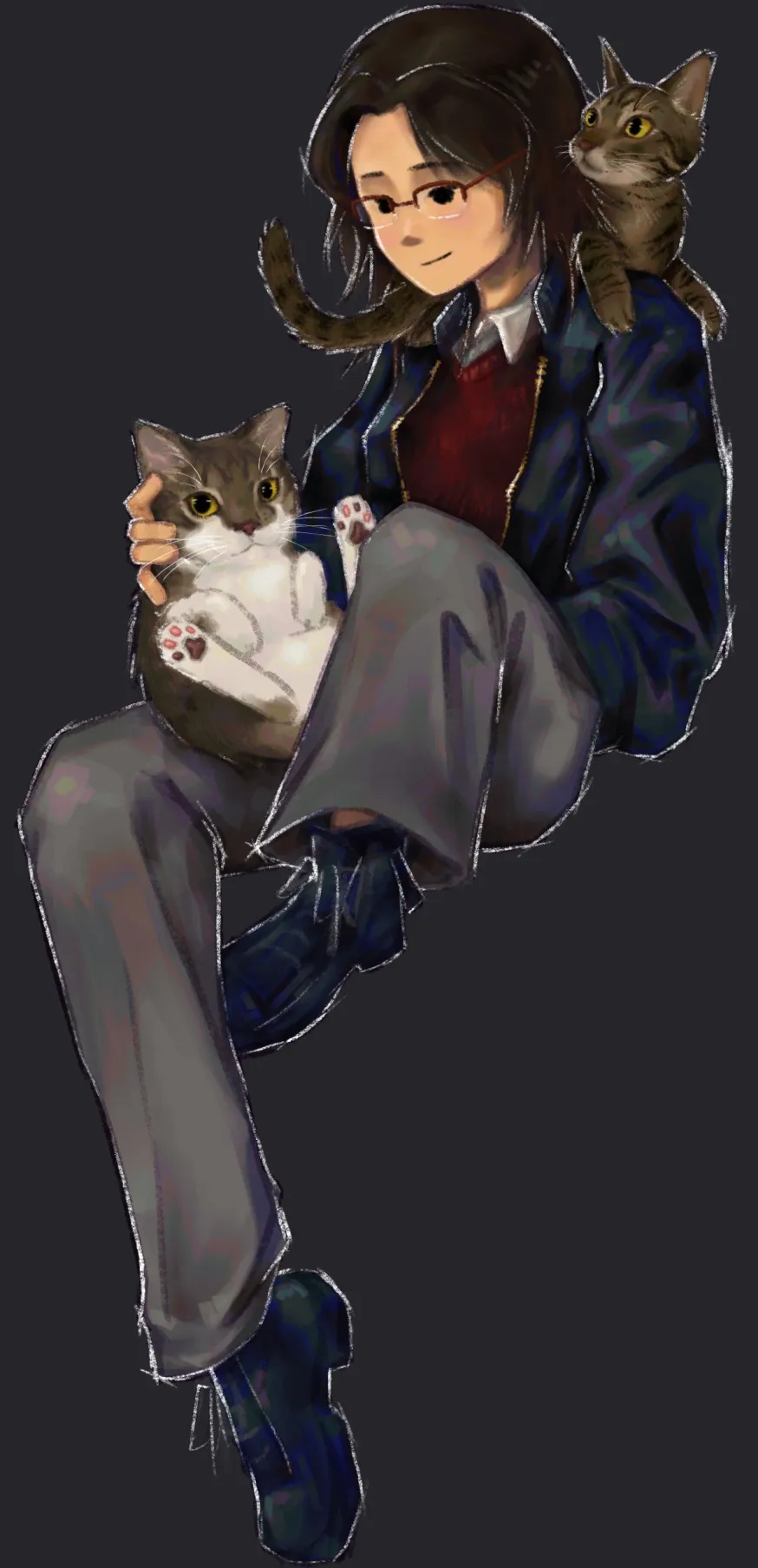 A self portrait with a person petting two cats