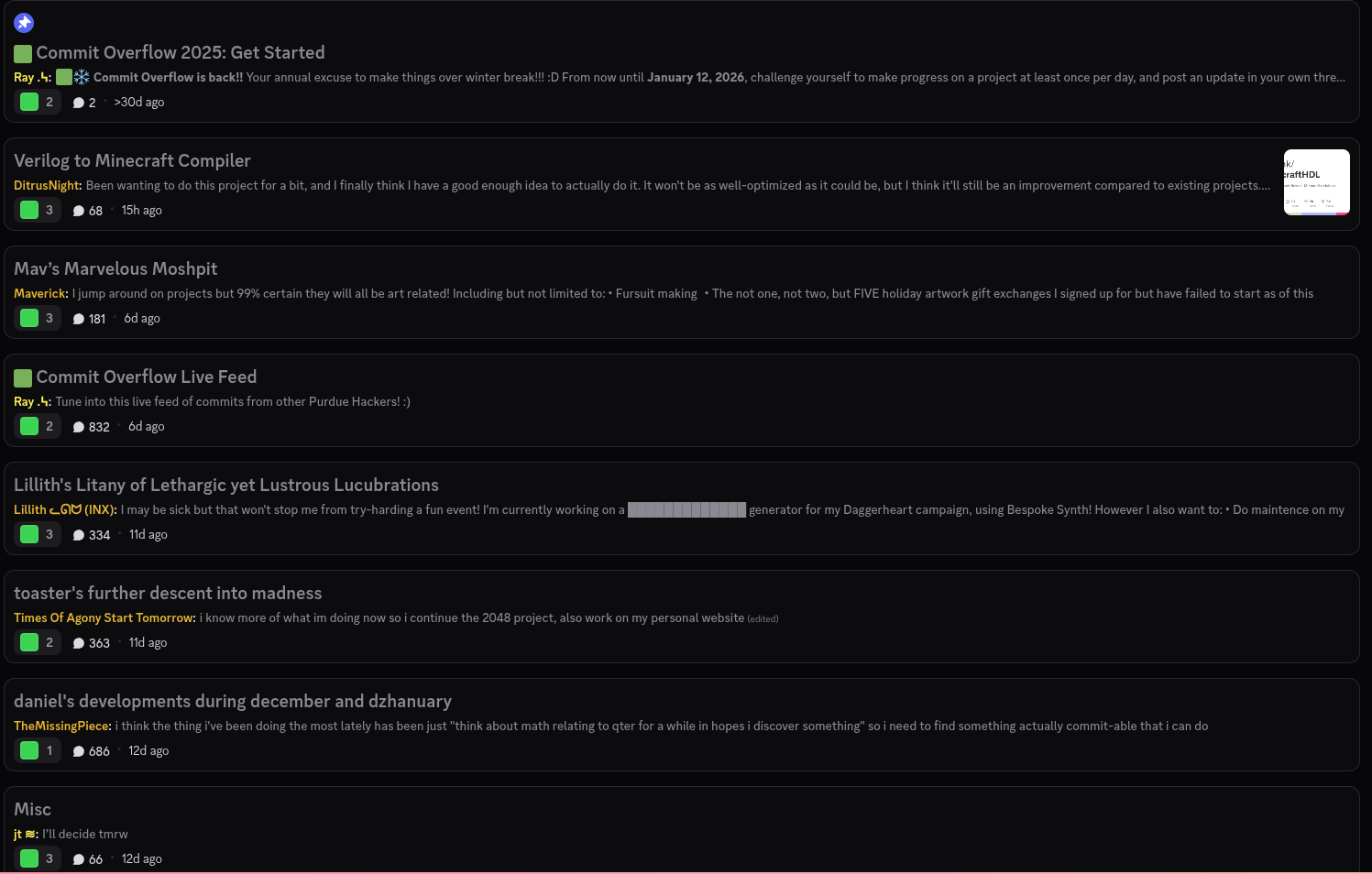 Discord forum showing topics from Commit Overflow.