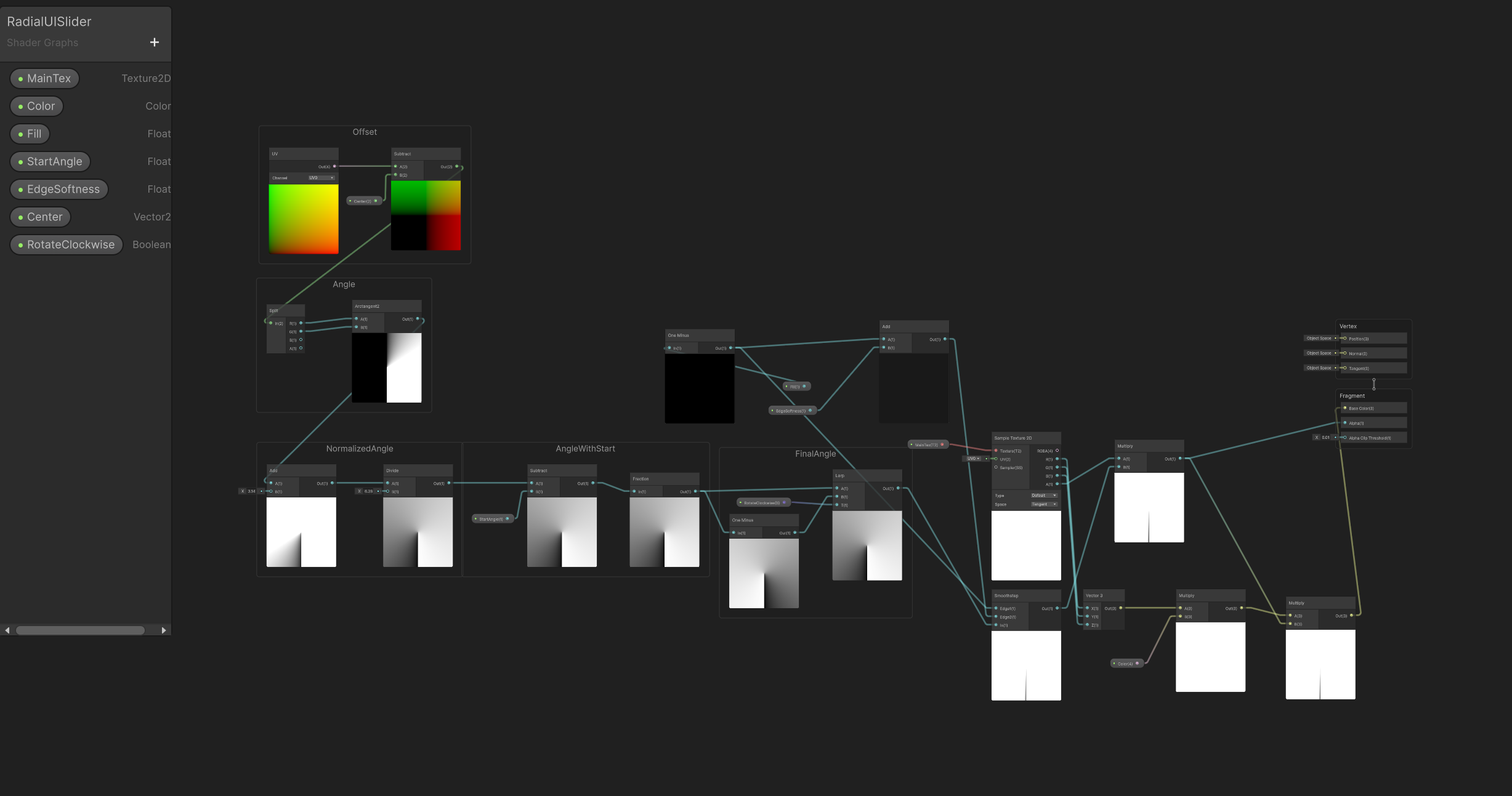 A view of Unities Shader Graph with a shader titled RadialUIShader