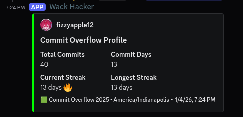 Discord message from Wack Hacker that states the user has a streak of 13 days and has made 40 commits.