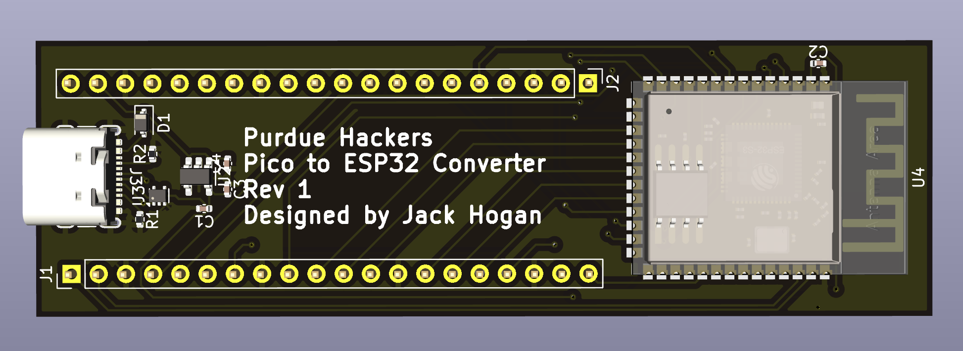 A 3D render of a small, black, gum stick-sized PCB that controlled the Sign with an ESP32-S3.