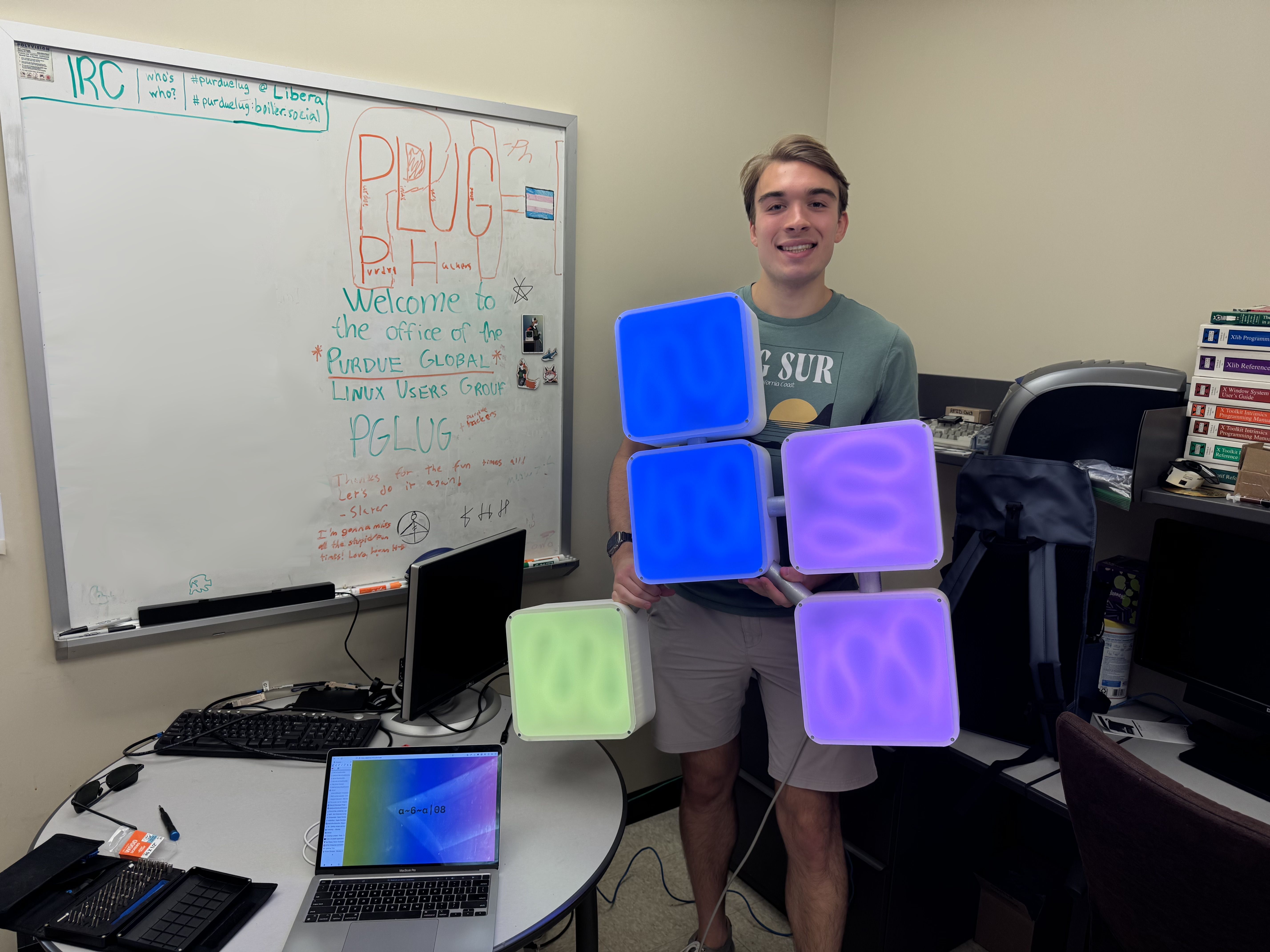 Me holding the Sign in the Purdue Hackers office.